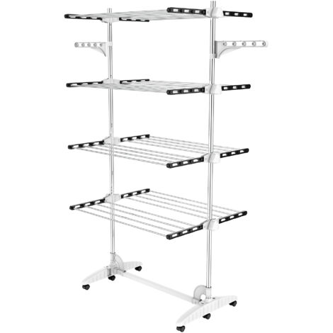 Todeco – Etendoir à linge 4 étagères en acier inoxydable – Noir/Blanc – Charge max 3 kg par barre – Dimensions déployées 87,9 x 66 x 163,1 cm