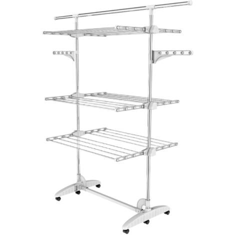 Todeco – Etendoir à linge à 3 étagères – Blanc – Tubes en acier inoxydable – Charge max 3 kg par barre – Dimensions déployées 87,9 x 66 x 145 cm