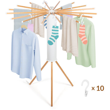 Todeco – Etendoir à linge intérieur pliant en bois – 16 tiges – Capacité 20 kg – Ajustable 90/180/270/360° – Antidérapant pour sécurité