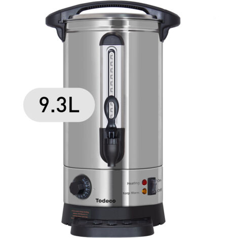 Todeco Glühweinkocher 9,3L, 1500W Heißwasserspender aus Edelstahl mit Auffangschale, Zapfhahn, Thermostat, Wasserstandsanzeige, Temperatureinstellung 30-110°C Heißgetränkeautomat