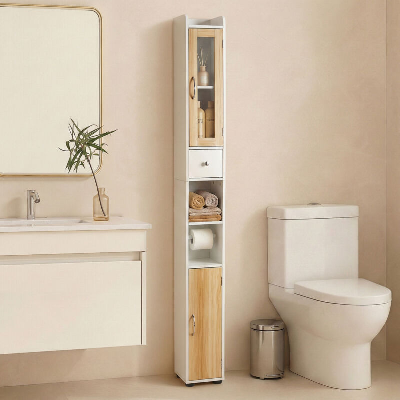 Todeco Meuble de Salle de Bain Étroit, 20 x 20 x 180 cm Meuble de Rangement Haute avec 2 Portes et 1 Tiroir, Étagère Réglable, avec Porte vitrée Todeco Meuble de Salle de Bain Étroit, 20 x 20 x 180 cm Meuble de Rangement Haute avec 2 Portes et 1 Tiroir, Étagère Réglable, avec Porte vitrée