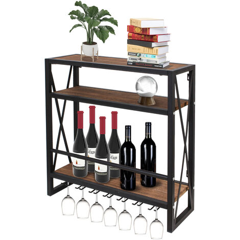 Scaffale portabottiglie vino da parete in legno con porta bicchieri  120x58,5x20cm Noce - Costway