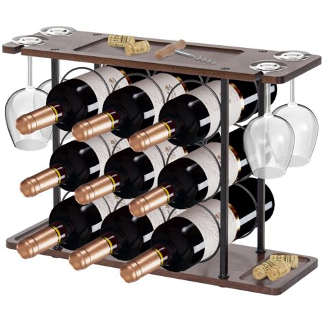 Todeco – Range bouteille vin métal noir et bois – Étagère pour 9 bouteilles et 4 verres – Installation facile – Dimensions 51x16x35cm