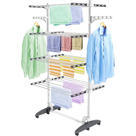 Todeco – Séchoir à linge pliant 4 niveaux – Acier inoxydable – Ailes réglables en hauteur – Support de séchage pour vêtements et chaussures – Gris - 2tendoir