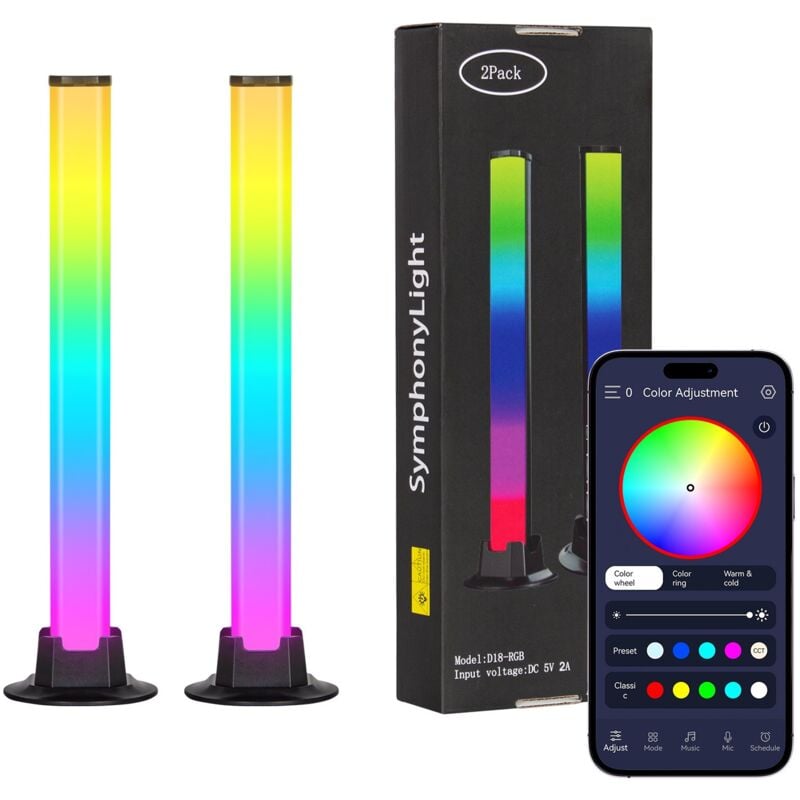 Todeco - Smart led rgb Lampe Gaming, Lot de 2 rgb Lampe Bureau avec Effets D'éclairage Multiples, Sync avec Musique tv, Control par app, Lumière