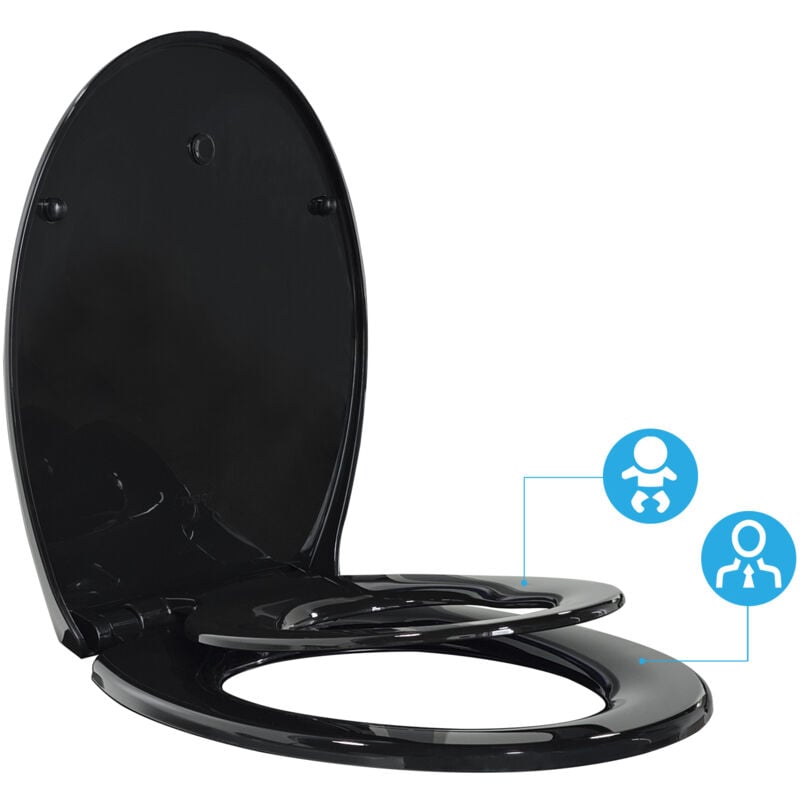 Abattant wc Familial Noir, Lunette de Toilette avec Siège Enfant Magnétique, Frein de Chute et Charnière Réglable, Abattant wc en Polyéthylène pour