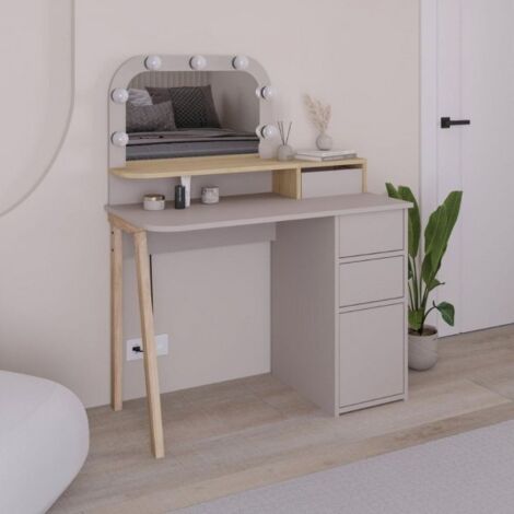 Toeletta Avien con specchio con cornice luci LED colore light mocha e rovere