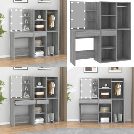 Toeletta con LED e Armadietti Grigio Sonoma Legno Multistrato - Tavolino da trucco con LED - Armadietto per cosmetici