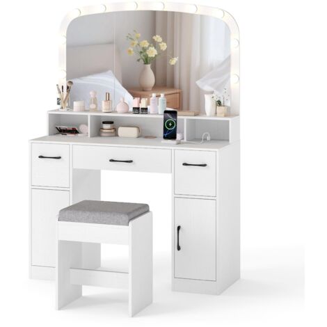 Toeletta con specchio illuminato e sgabello, toeletta con contenitore, luce a 3 colori, tavolo da trucco 108 x 40 x 149 cm, bianco