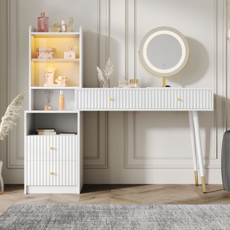 Toeletta con specchio LED tricolore - 4 cassetti, anta in vetro, 1 vano aperto - 100x40x125 cm - Bianco