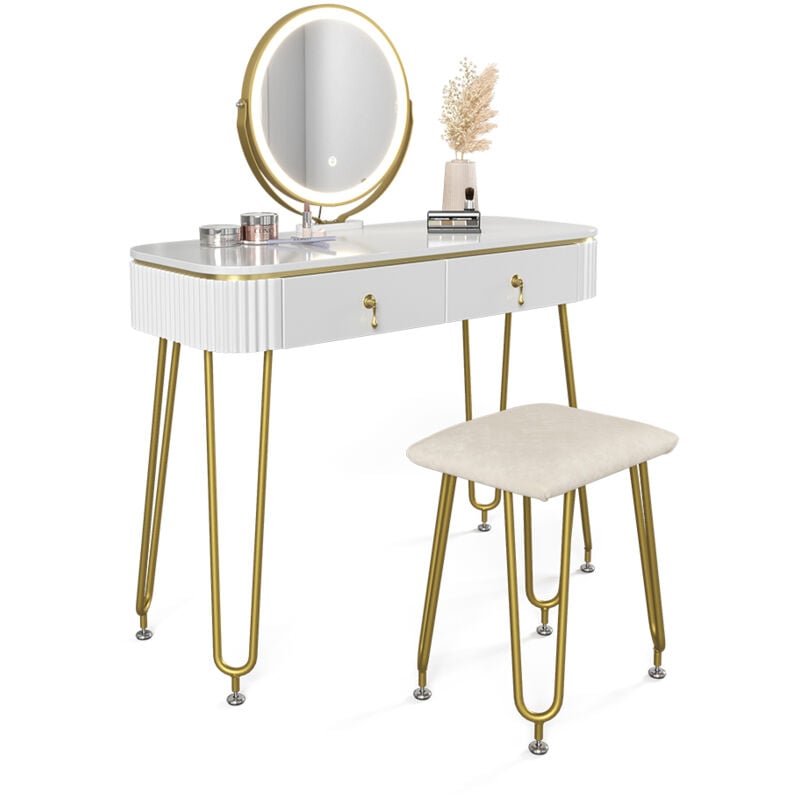 Vicco - Coiffeuse Grace, Blanc, 100 cm avec éclairage led et tabouret