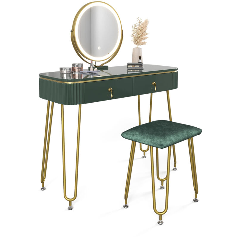 Coiffeuse Grace, Vert foncé Haute brillance, 100 cm avec éclairage led et tabouret Vicco