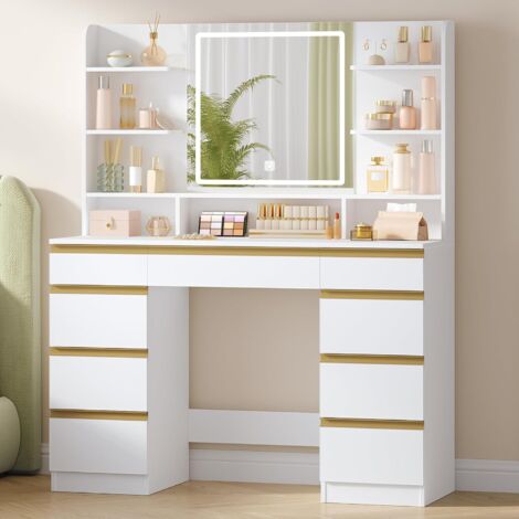 Toeletta da Trucco Grande con Illuminazione a LED, 3 Colori, Luminosità Regolabile, Tavolo da Trucco con Specchio, 9 Cassetti, 9 Ripiani Aperti, Stile Moderno, Bianco-Oro