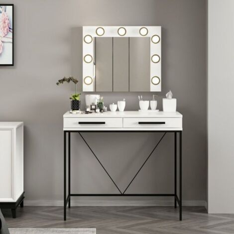Toeletta da trucco Sane con 2 cassetti bianco con piedi neri e specchio con luci LED lampadine escluse