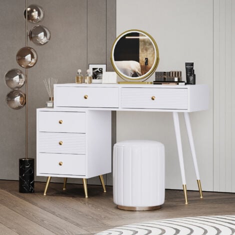 Toeletta, tavolo da trucco con illuminazione a LED e specchio, con armadietto laterale regolabile e design scorrevole. Dimensioni: L100/H78/P40 cm (senza sgabello)(VECCHIO SKU: RN32018090AAW)