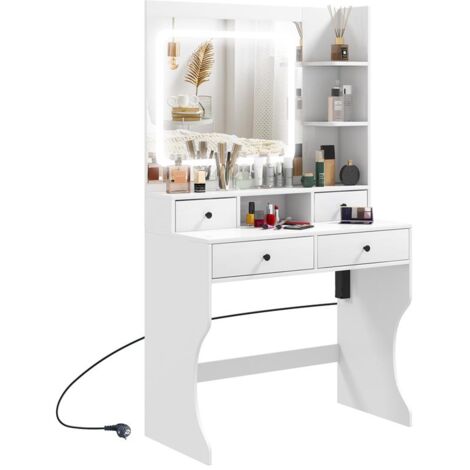 TOELETTA TRUCCO CON LUCI LED 3 TONALITÓ E SPECCHIO. PRESE USB. 4 CASSETTI E MENSOLE. 90X45X160CM. BIANCO