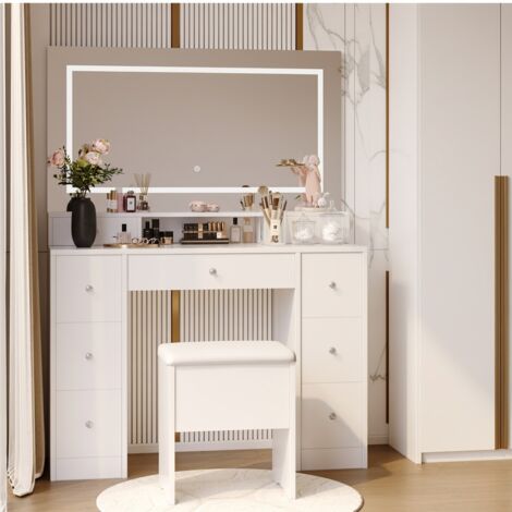 FORTUNA LAI Toeletta Trucco con Specchio LED Touch e Sgabello - Tavolo Cosmetici Moderno - 9 Cassetti con Organizer - 3 Luci Regolabili - Bianco 110x40x150 cm