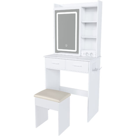 Toeletta trucco in MDF bianco con specchio LED, prese e USB, sgabello imbottito incluso, 60x36x136 cm