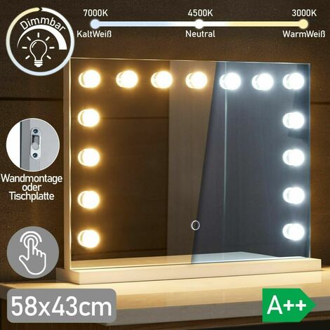 Aquamarin® Miroir de Maquillage Hollywood - avec 15 Ampoules LED Réglables Dimmables, Tactile,  3 Modes d'Éclairage Blanc Froid/Chaud/Neutre, de Table/Mural - Grand Miroir Lumineux, Cosmétique