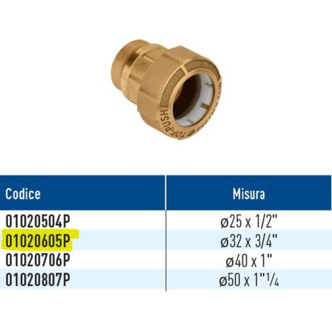TOF/F RD Push monogiunto per PE con filetto femmina ridotto con anello in plastica ø32 x 3/4" 01020605P