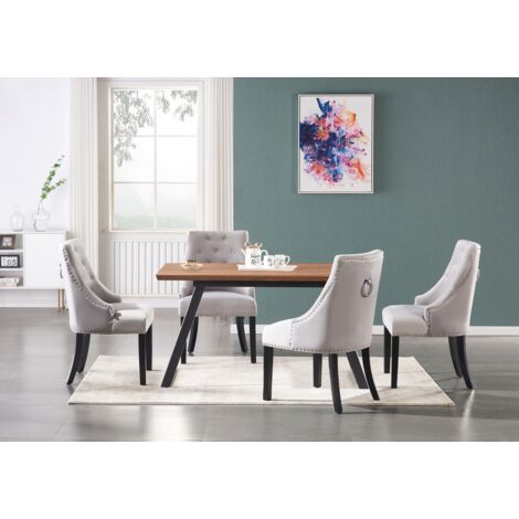 Toga LUX Windsor Dining Set - a Brown Extendable Dining Table and Set of 4 Light Grey Velvet Dining Chairs - Dining Room Kitchen