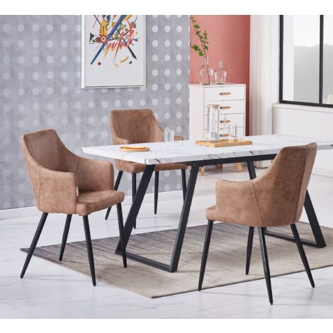 Toga LUX Zarah Dining Set - un tavolo da pranzo bianco estensibile e un set di 4 sedie da pranzo in pelle beige - Sala da pranzo Cucina