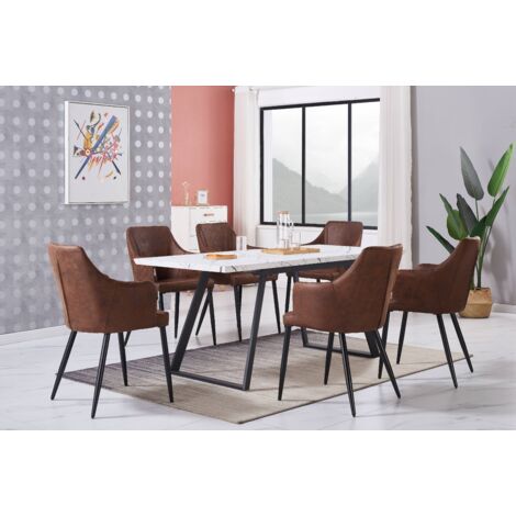 Toga LUX Zarah Dining Set - un tavolo da pranzo bianco estensibile e un set di 6 sedie da pranzo in pelle marrone - Sala da pranzo Cucina
