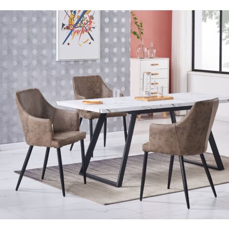Toga LUX Zarah Dining Set - un tavolo da pranzo estensibile bianco e un set di 4 sedie da pranzo in pelle marrone chiaro Sedie - Sala da pranzo Cucina
