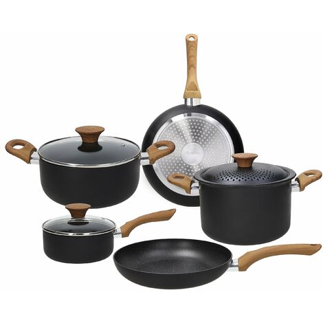 Tognana Rock In Wood, Batteria di pentole e padelle, Set con 2 padelle, 2 casseruole, 1 pastaiola, 2 coperchi trasparenti, 1 coperchio con fori, 8 Pezzi, Alluminio, Nero