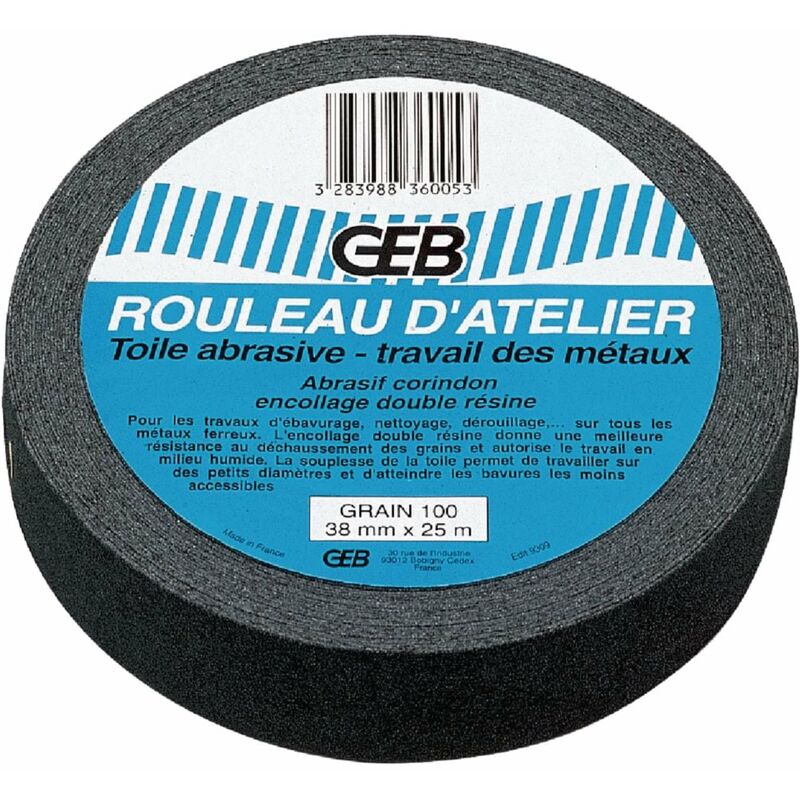 GEB - Rouleau d'atelier toile abrasive grain 100 en rouleau de 38mmx25m en boîte dévidoir