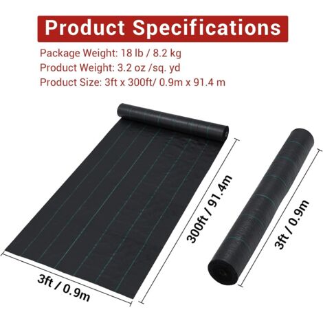 Toile Anti-Mauvaises Herbes Noire Professionnelle pour Jardin, 0,9 x 91 m, 3,24oz, Tissu Respirant, contrôle Efficace, Durable