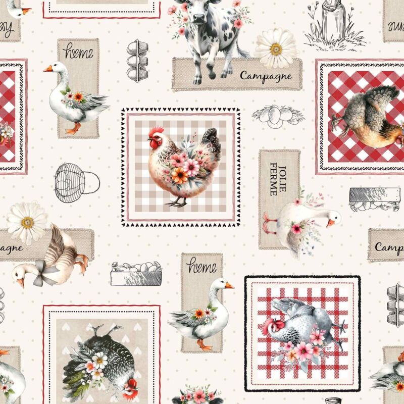 Toile cirée au mètre - Largeur 140 cm - Jolie ferme - Beige
