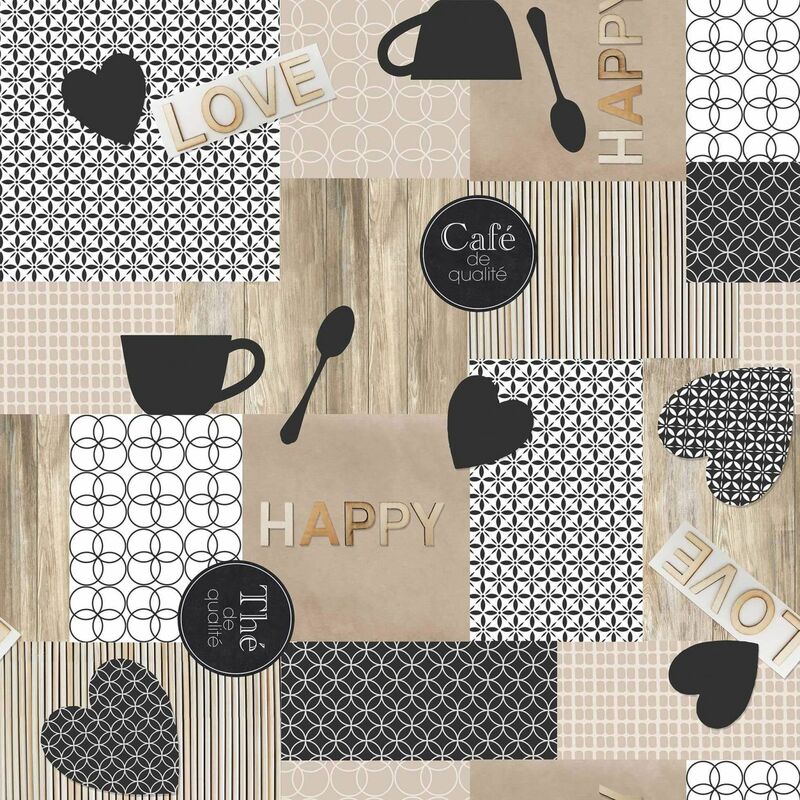 Toile cirée au mètre - Largeur 140 cm - Motifs graphiques et tasses à café - Multicolore