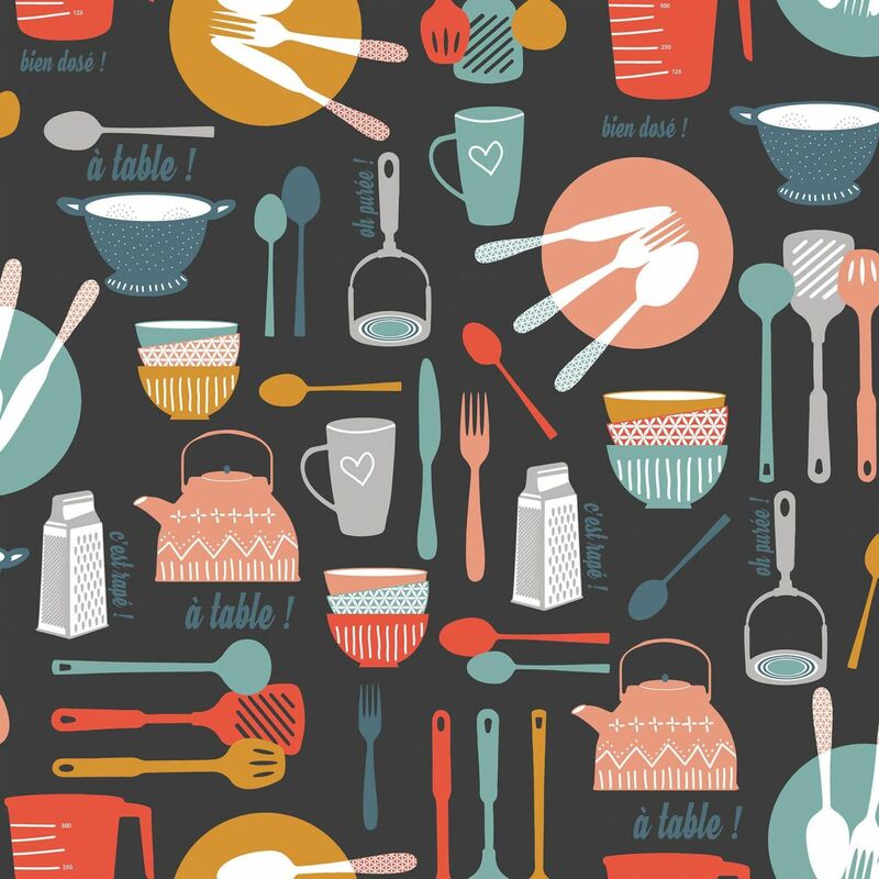 Toile cirée au mètre - Largeur 140 cm - Ustensiles de cuisine - Multicolore
