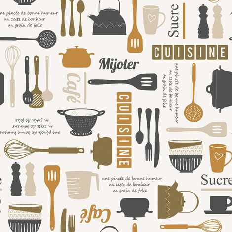 Toile cirée au mètre - Largeur 140 cm - Ustensiles de cuisine - Beige