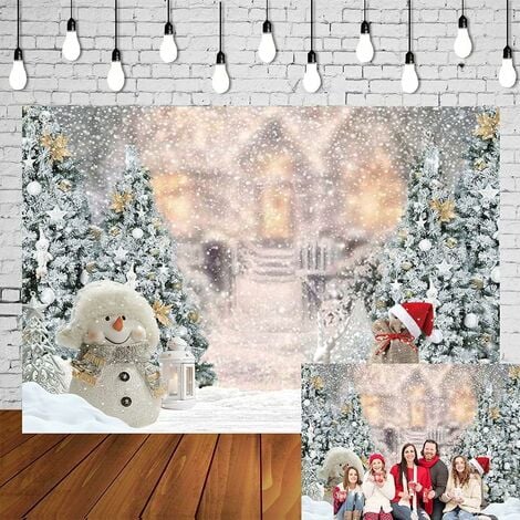 Toile de Fond de Noël en Hiver - Sapin de Noël, Bonhomme de Neige, Flocon de Neige Décoration de fête pour Le Nouvel an (2,1 x 1,5 m)