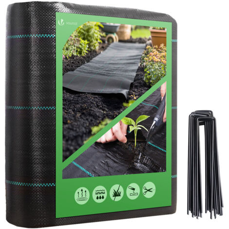Toile de Paillage 25 x 2 m - 100g/m2 - avec 50 piquets de fixation - Anti-UV - Contre les mauvaises herbes