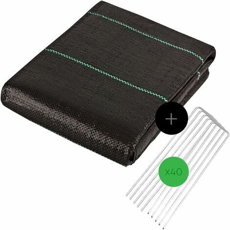 Toile de Paillage avec 40pcs de Piquets Contre Les Mauvais Herbes 20Mx2M en Fibres de Polypropylène Tissées Anti-UV 100g/m2 Résistant Aux Déchirures Piquets de Fixation Fournis