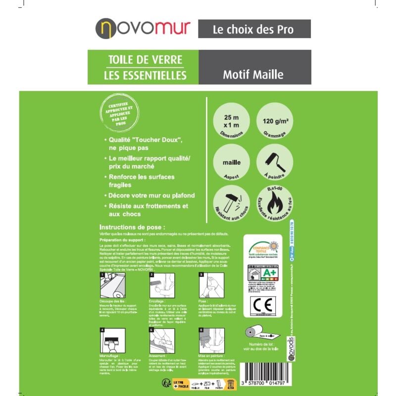 Toile de verre à peindre maille 120g/m² Novomur 12,5M/25 m Longueur: 25 m