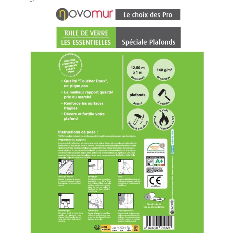 Toile de verre à peindre spéciale Plafonds 140g/m² Novomur 12,5M/25M Longueur: 12.5 m
