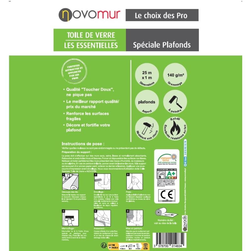 Toile de verre à peindre spéciale Plafonds 140g/m² Novomur 12,5M/25M Longueur: 25 m