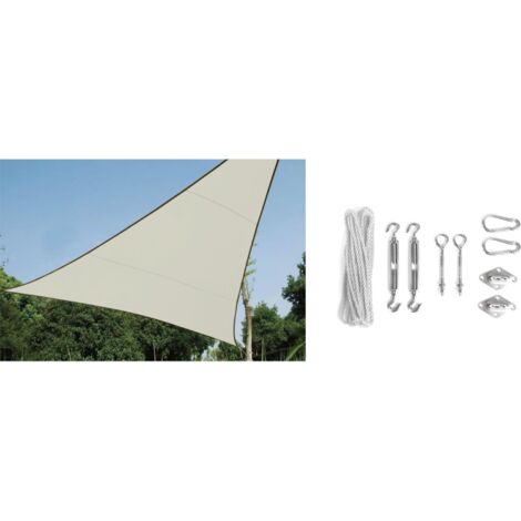 Toile d'ombrage Perel / Triangle de voile solaire avec kit de fixation - 3,6 x 3,6 x 3,6 m - Crème