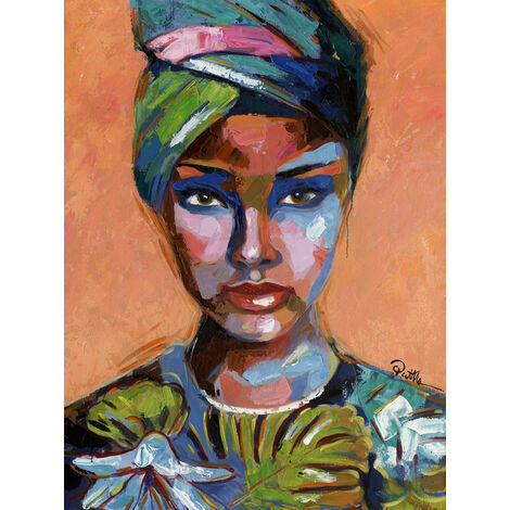 Toile en lin à l'huile, Femme avec turban sur fond orange, 100x70 cm