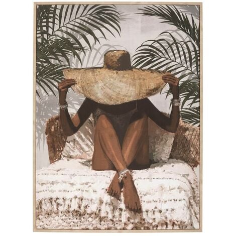 Atmosphera - Tableau Toile murale imprimée et encadrée Femme à chapeau de paille 58 x 78 cm
