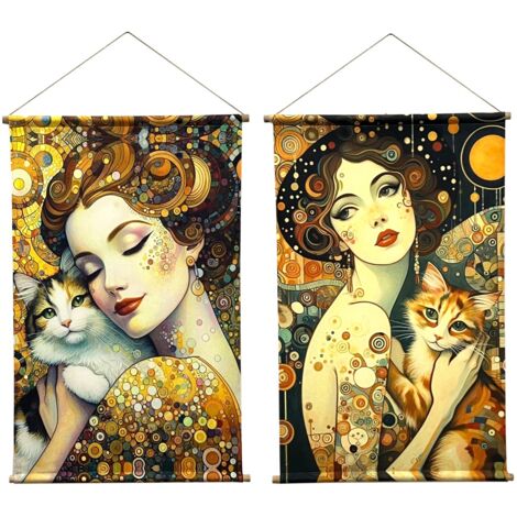 Toile enroulable Femme et Chat 2 styles différents pour décoration murale - Tableau contemporain élégant et moderne