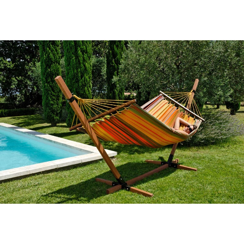 Toile Hamac Double Raye Orange Avec Barre D'Ecartement 100% Coton