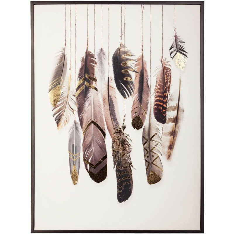 Toile imprimée plumes - Cadre en bois mdf - Brun et doré - 70 x 50 cm - Livraison gratuite