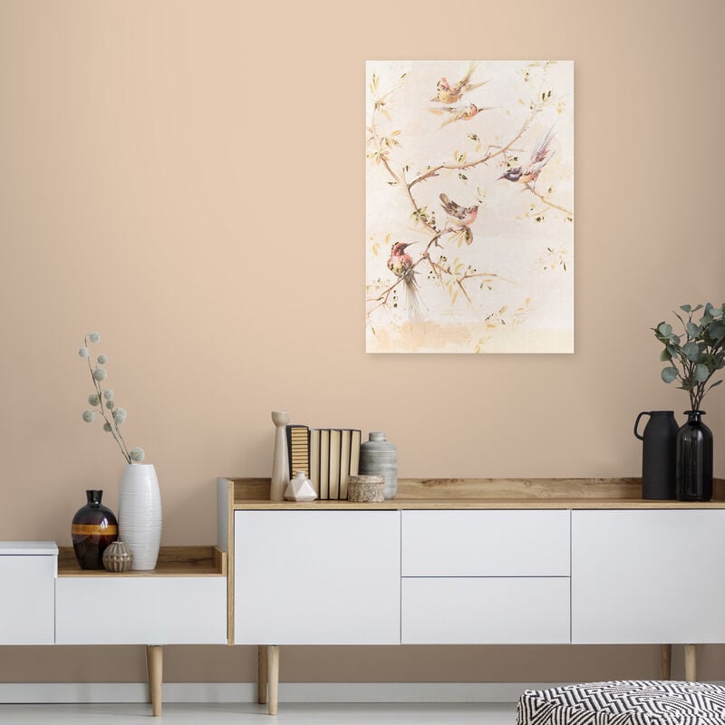 Toile imprimée Oiseaux, détails peints à la main 50 x 70cm Rose, or