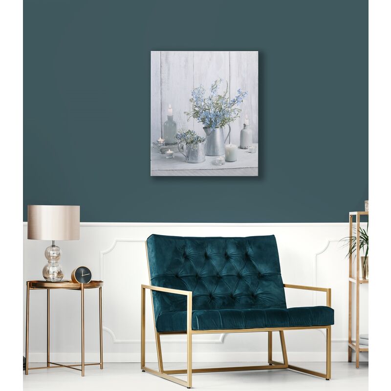 Toile à led Bougies et bleuets 60 x 70cm Gris, bleu
