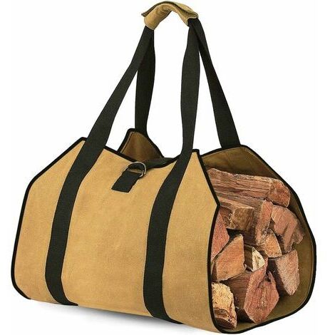 Toile Sac à Bûche Cheminée Sac de Rangement pour le Bois de Chauffage Grande Capacité Porte-bûches De Plein Air Porte-bûches en Bois Ciré avec Poignées Solide Sac de Transport en Bois(98x45CM)